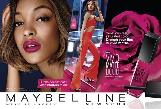 Maybelline ad features a woman wearing bright lipstick