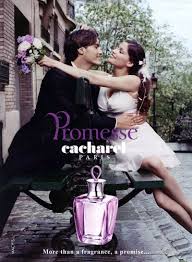 A perfume ad shows a man and woman in formal clothes hugging