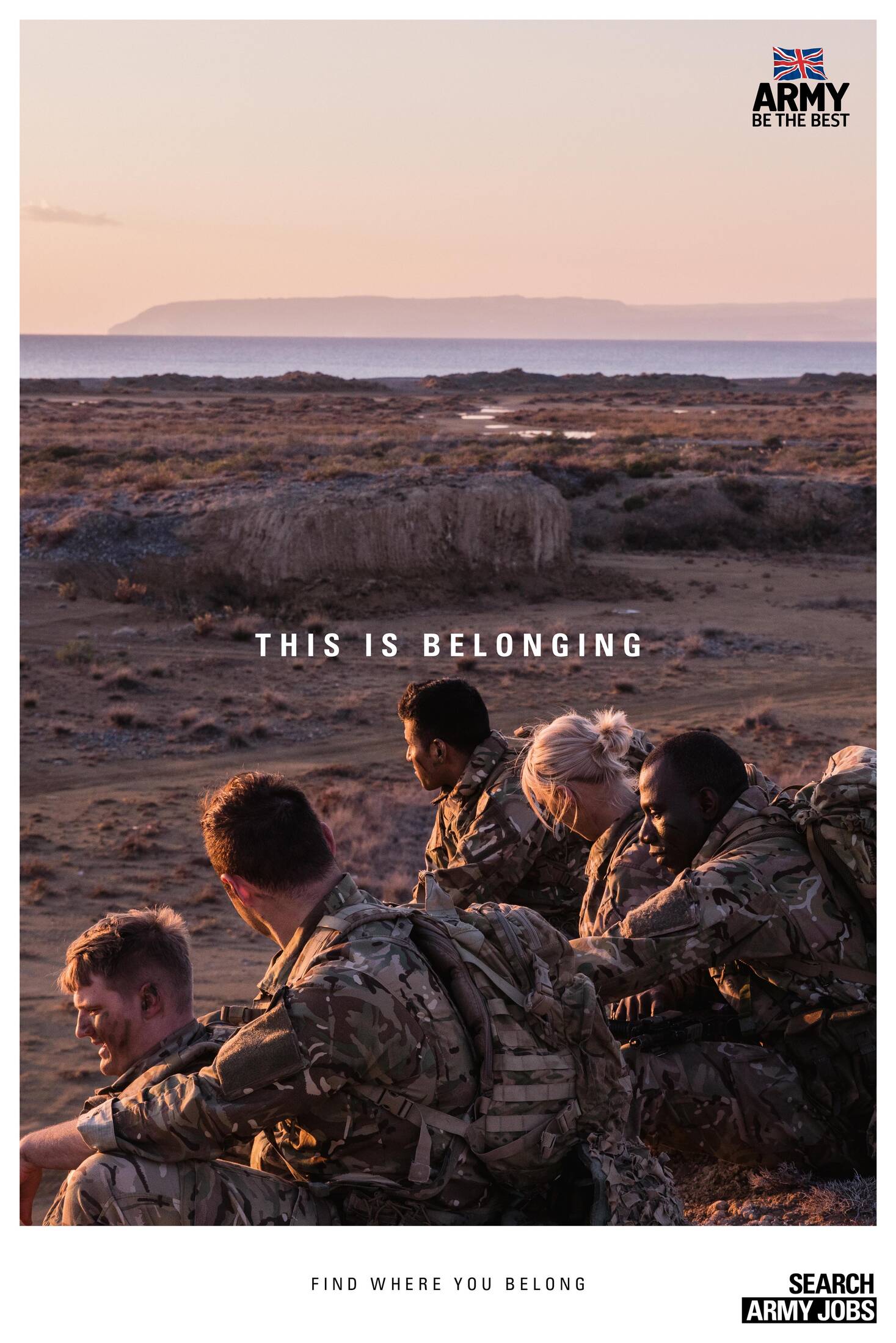 An ad for the U.S. Army states "This is Belonging" over a group of soldiers sitting in a field