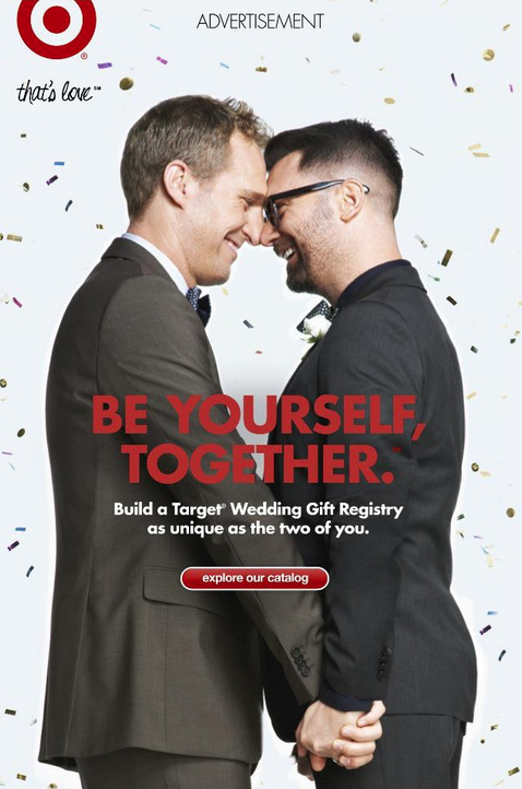 A Target ad for wedding registries features two men