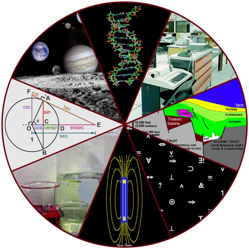 A collage includes a photo of planets in our solar system, a DNA molecule, scientific equipment, a cross-section of the ocean floor, scientific symbols, a magnetic field, beakers of fluid, and a geometry problem.