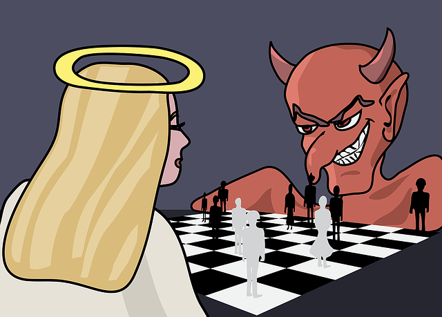 The devil and an angel playing chess with human pawns