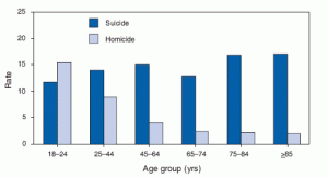 Bar graph showing rate of suicide and homicide among different age groups