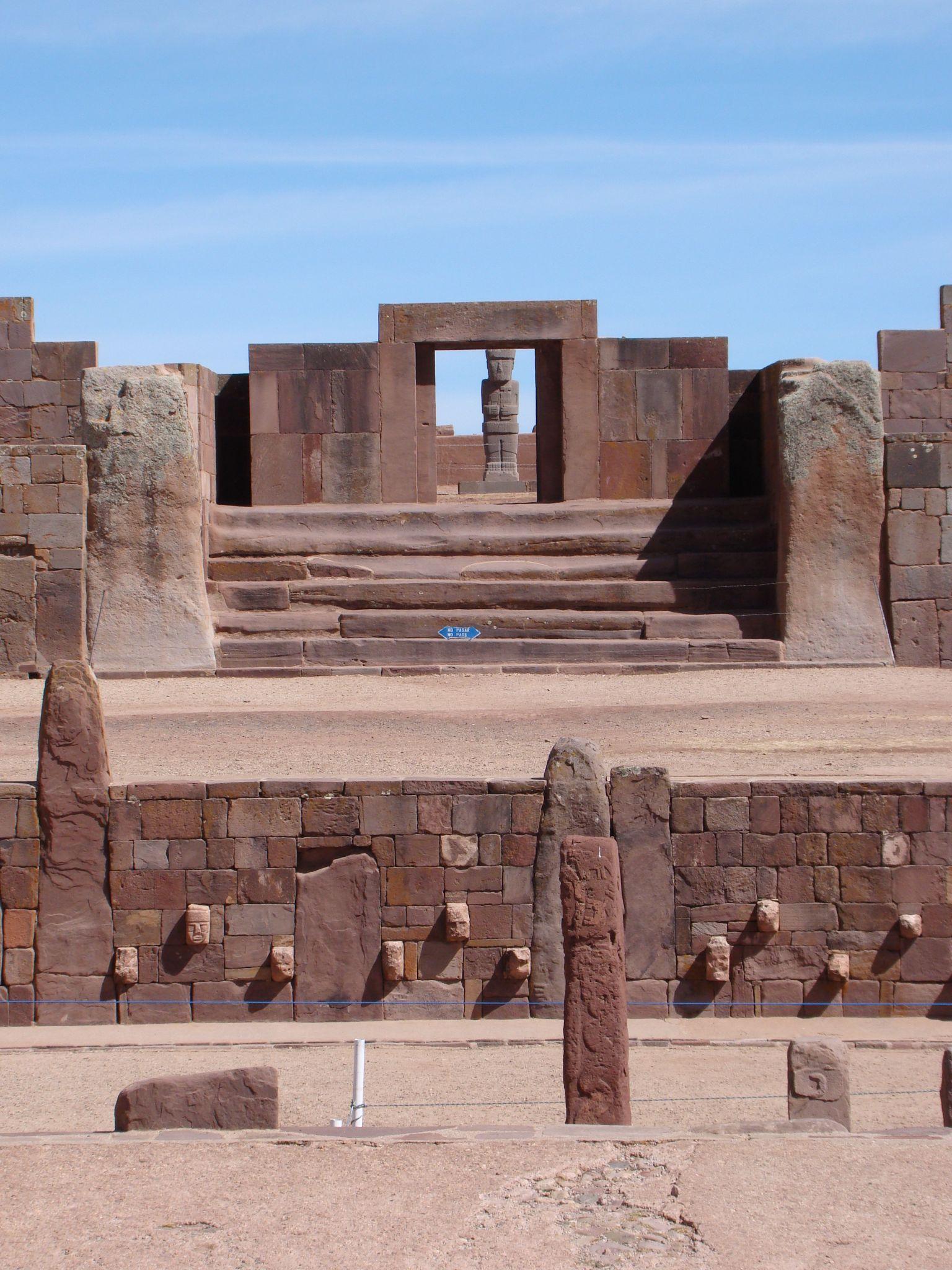 View of an archaeological site looking up the stairs from a semi-subterranean temple.