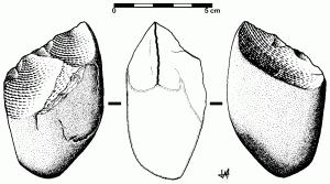 A sketch of a rough stone tool, from three different angles.