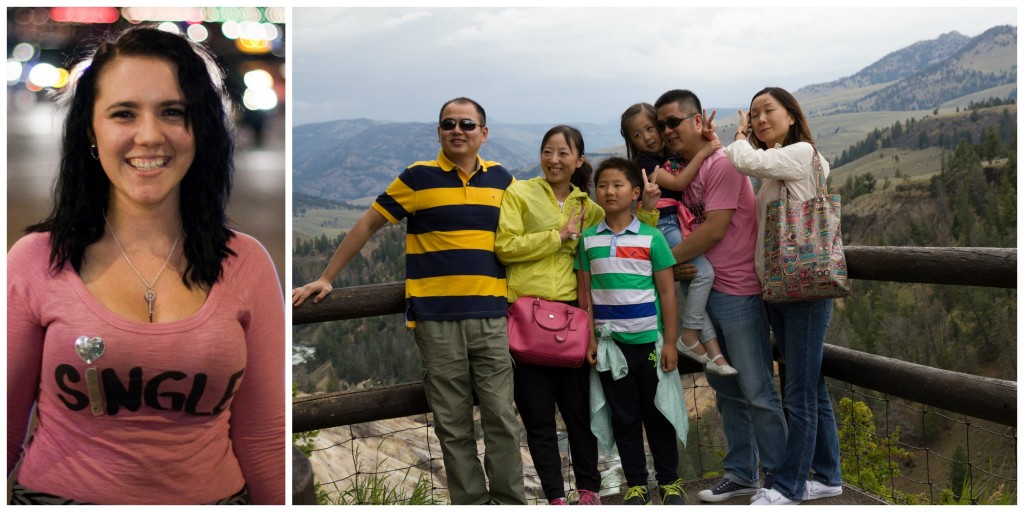 two photos, one is of a group of people posing on a cliff, the other is of a person smiling