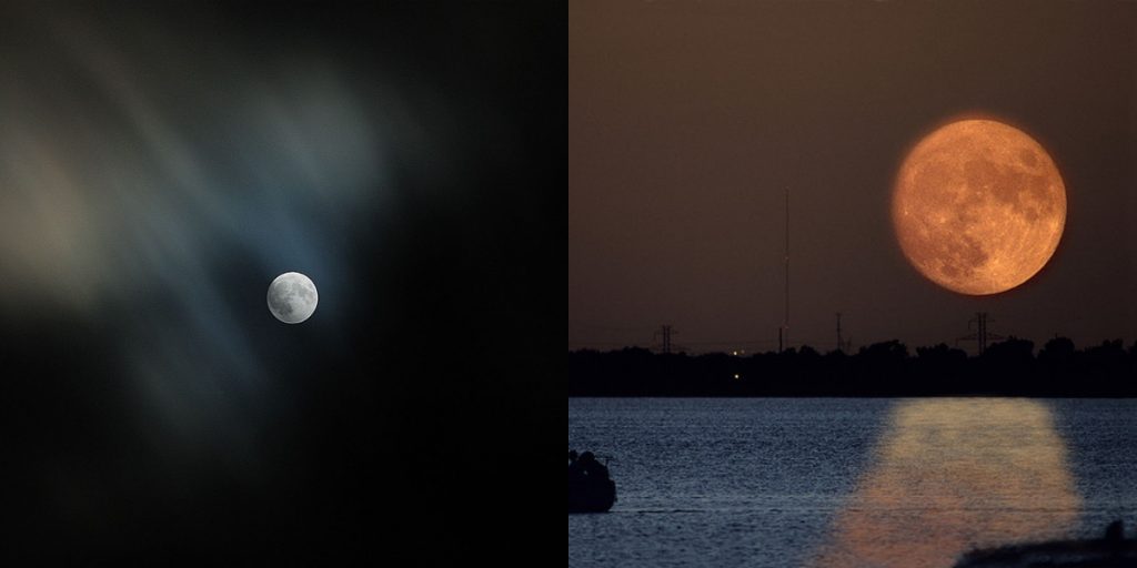 split image of white moon an dred moon