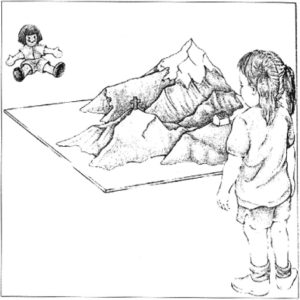 Drawing of a child looking at a mountain diorama with a doll on the opposite side