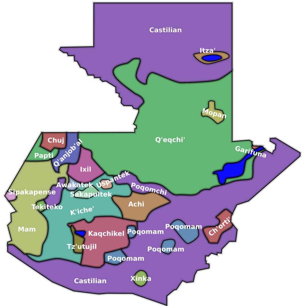 Colorful image of a map of Guatemala and the different languages spoken in each territory.