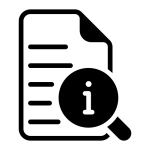 This is a black and white icon that looks like a sheet of paper or document, with a magnifying glass angled onto the document. In the center of the magnifying glass is a lowercase "i", for "information".