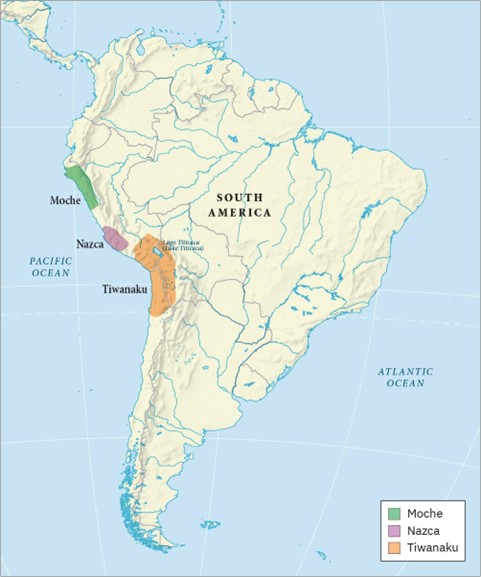 A map showing the location of Moche, Nazca, and Tiwanaku Cultures