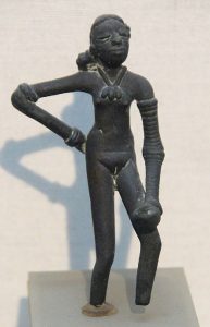 A four-inch-tall bronze statue of a young woman was discovered at Mohenjo-Daro and is dated to circa 2300–1750 BCE.