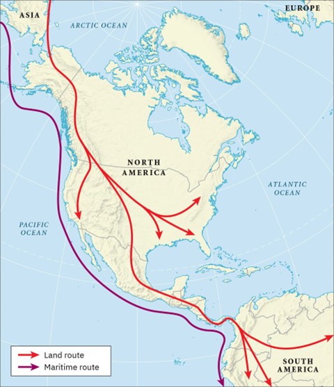 A map showing one version of how the Americas were populated