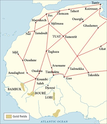 This map shows the historical trans-Saharan trade routes that crisscrossed ancient North Africa, linking cities on both sides of the Sahara in a network that grew and expanded over several hundred years.