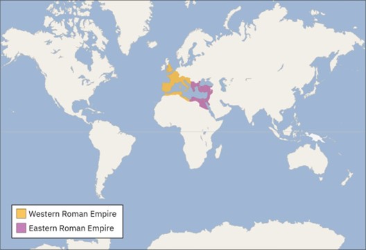 Map showing the Eastern and Western Roman Empires