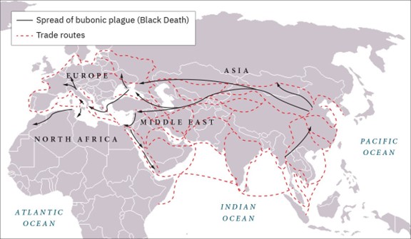 This map shows the likely spread of the Bubonic Plague