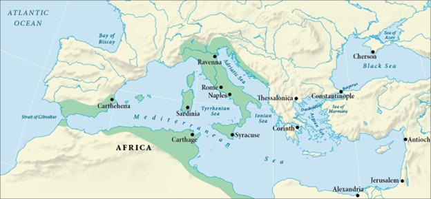 A map showing the Conquests of Justinian