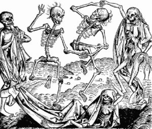 An image of a fifteenth-century woodcut image from the Nuremburg Chronicle of Hartmann Schedel depicting Death dancing and celebrating