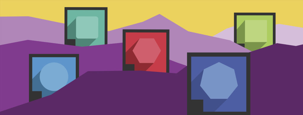 Chapter header image featuring an illustration of various colorful badges in tones of purple, red, blue and green on a background of rolling hills.