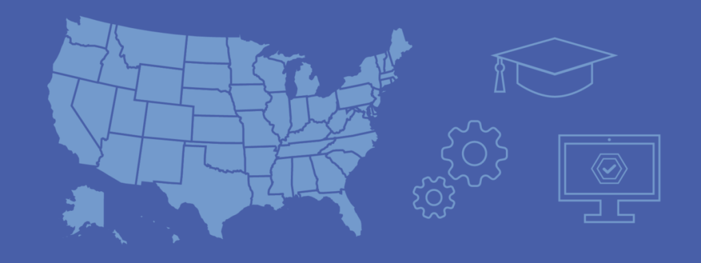 Chapter header image featuring an illustration of the map of the United States, a graduation cap, gears, and computer monitor set on a purple background.