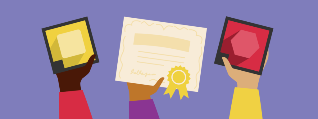 Chapter header image featuring an illustration of different hands holding up credentials. Two hands are holding up a yellow micro-credential and a red micro-credential and the middle one is holding up a light yellow diploma, set on a purple background.