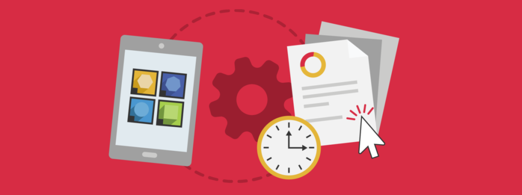 Chapter header image featuring an illustration of a tablet, documents, a clock, and a gear set on a red background.