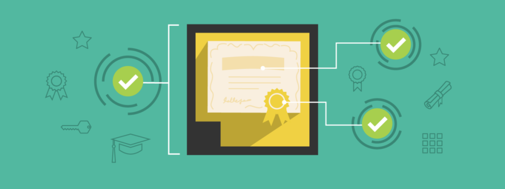 Chapter header image featuring an illustration of a yellow micro-credential displaying an image of a diploma on a green background.