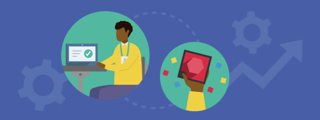 Chapter header image featuring an illustration of a worker viewing a computer displaying the completion of professional development and the worker holding the red micro-credential earned on a purple background.