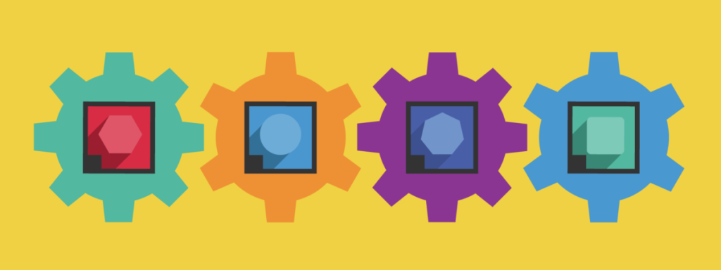 Chapter header image featuring an illustration of 4 gears in the colors of green, orange, purple, and blue, displaying a sample badge image inside, on a yellow background.