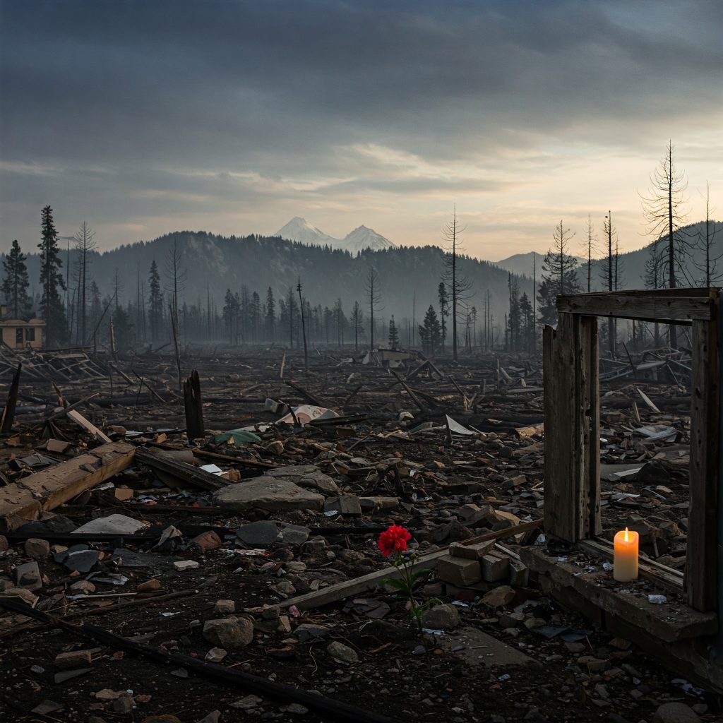 Google Gemini generated image of a disaster destroyed area, with a single flower in the foreground, along with a single lit candle.