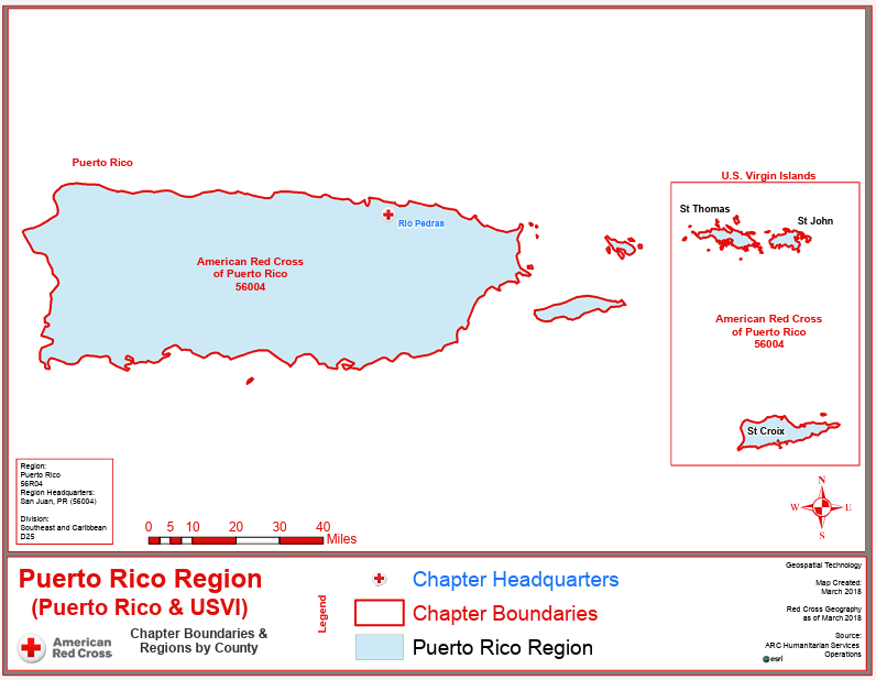 map of the Red Cross Puerto Rico Region which also includes the U.S. Virgin Islands