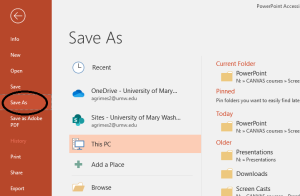 showing the save as under the file menu to save a PowerPoint to PDF keeping accessibility features