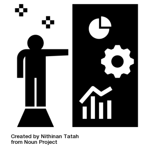 Speaker with symbols indicating the use of evidence in the speech.