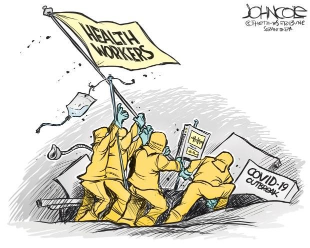 A political cartoon showing group of healthcare workers at the beginning of the pandemic posed in the same way as the US Marines at Iwo Jima raising the flag during WW II