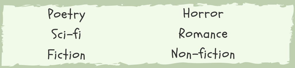 poetry, sci-fi, fiction, horror, romance, non-fiction