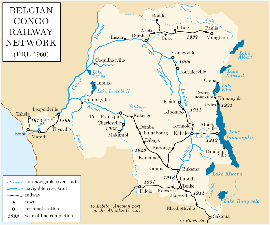 Map of Belgian Congo river and rail network at independence in 1960