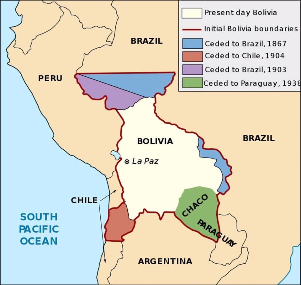 Map of territory losses that led to a landlocked Bolivia