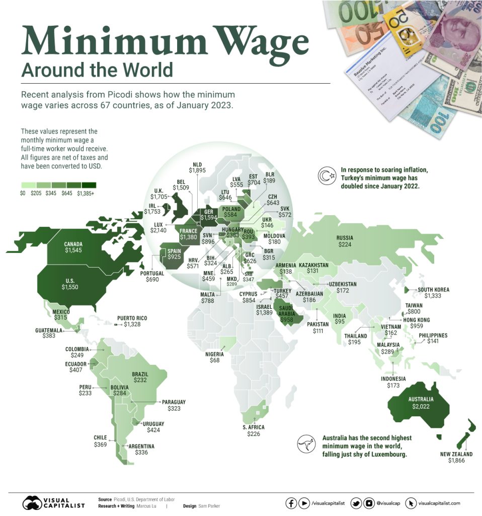 Global Minimum wage map by country 2024