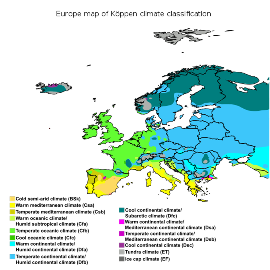 Koppen climate map displaying the climate classification regions of Europe