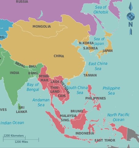 Map of East and Southeast Asia with countries labeled