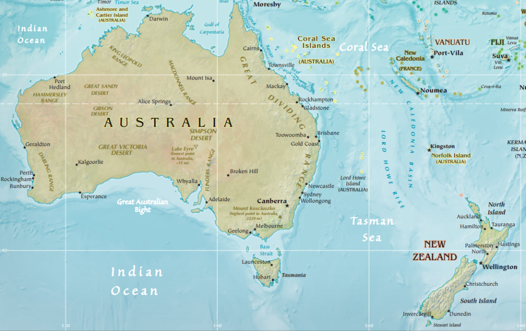 Physical geography map of Oceania with countries and capital cities labeled