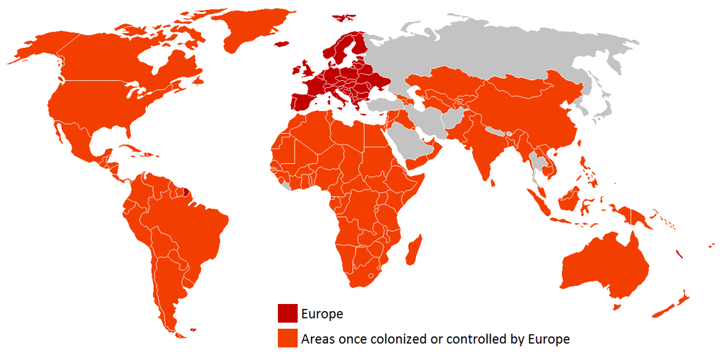 Map of the world displaying countries once colonized or controlled by Europe