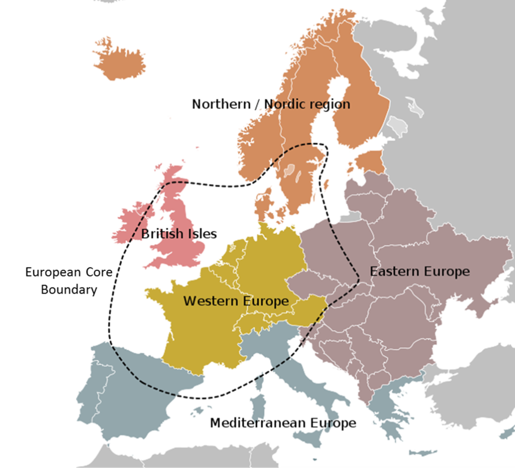 Map of the core area and regions of Europe