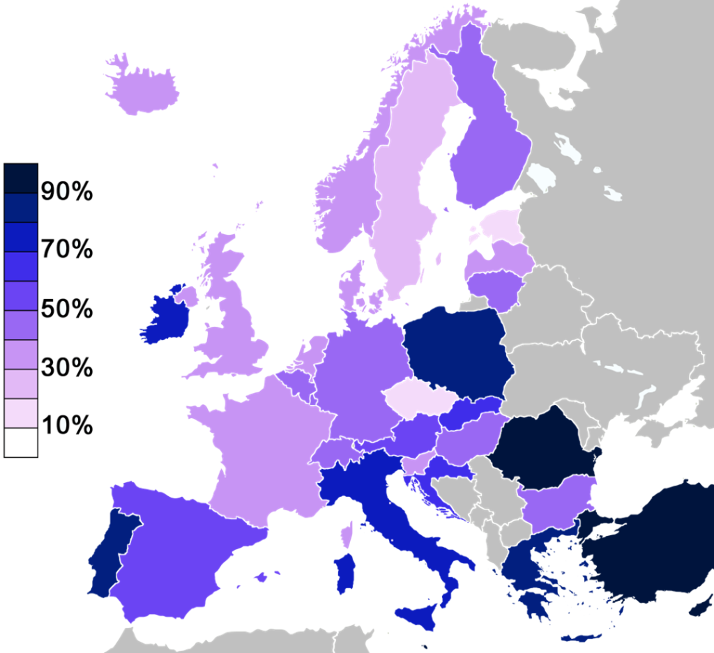Map of the percentage of people who believe in God by country in Europe in 2010