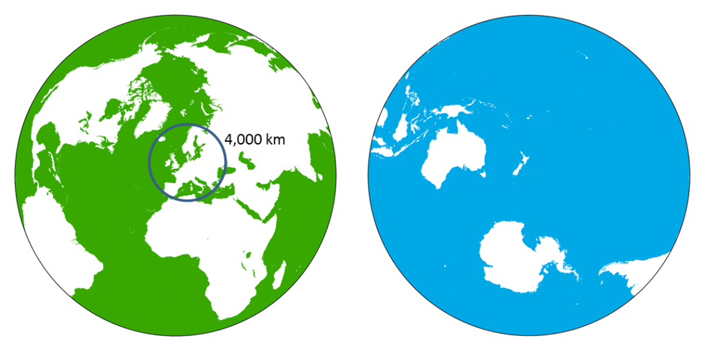 Image showing half of the globe that has most of the land, known as the land hemisphere, with Europe at roughly the center, and the other half of the globe with most of the water, centered around Australia and Antarctica