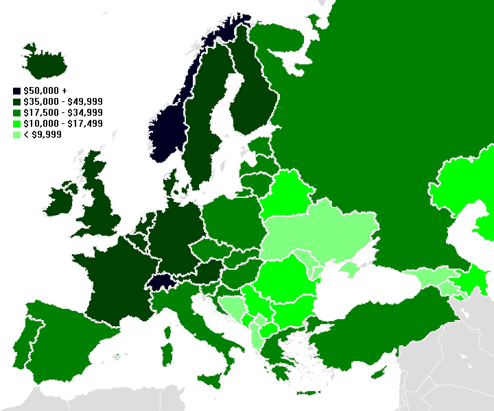Map of GPD per capita by country in Europe