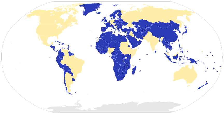 Map of the world displaying unitary states and federal states
