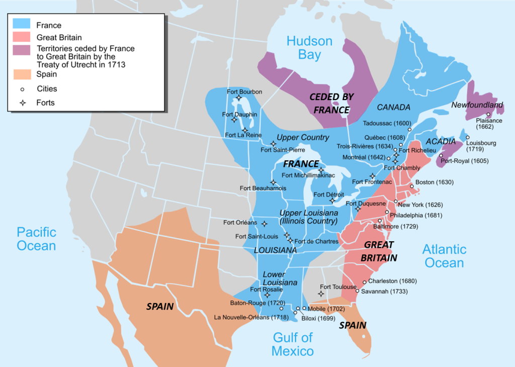 Map of colonial regions of North America circa 1750