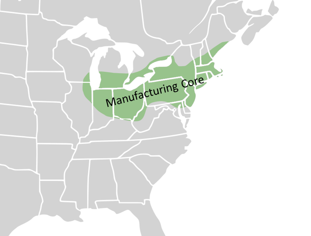 Map of the manufacturing core region of the United States, located south of Lake Erie and Lake Ontario