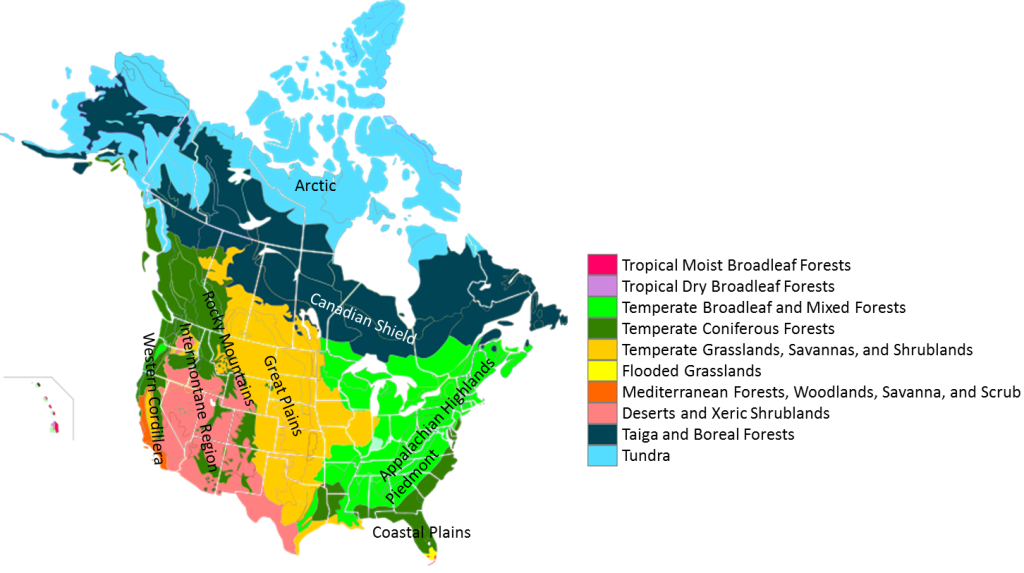Physiographic regions of North America, showing strong north-south alignment